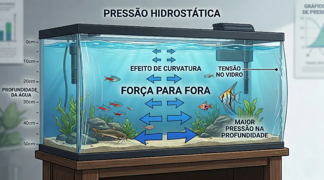 Ilustração da pressão da água empurrando as paredes do vidro